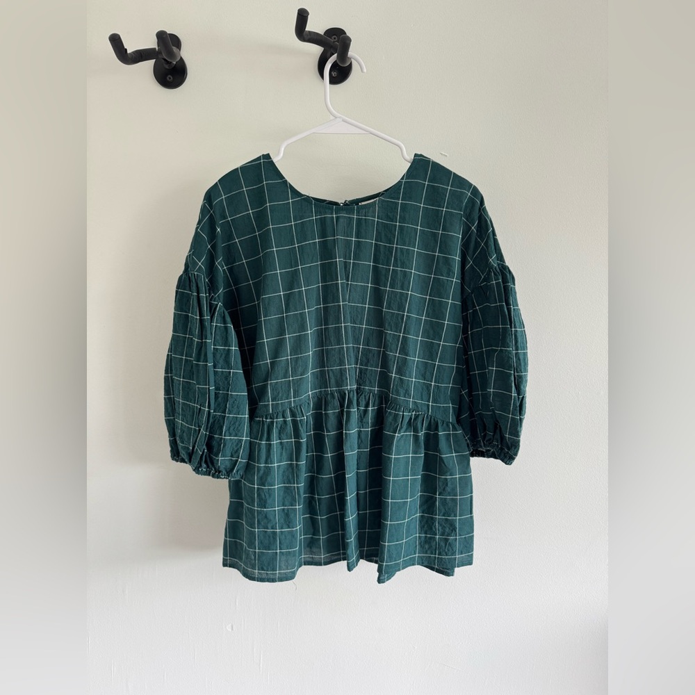 Old Navy Green Plaid Peplum Blouse
